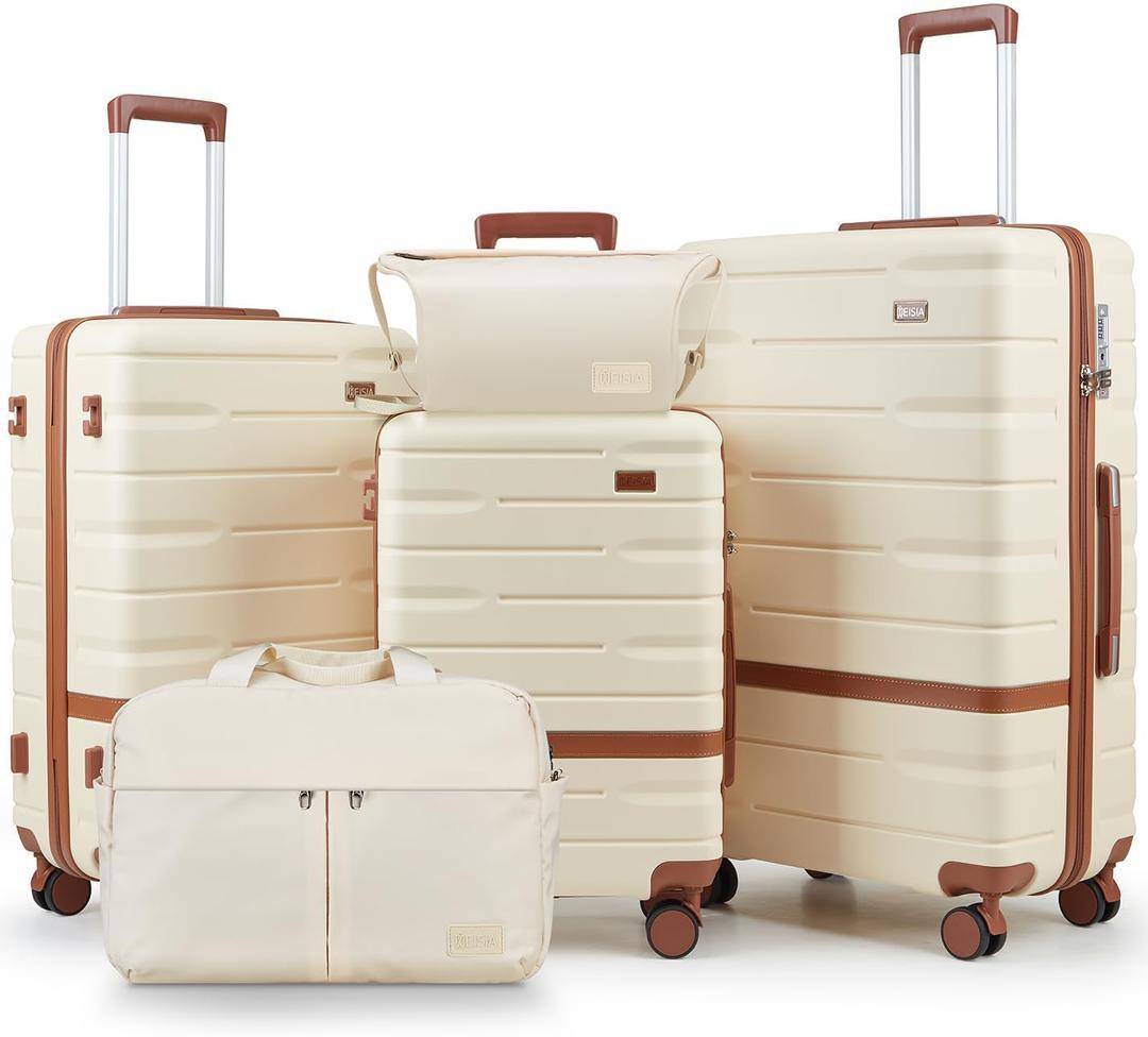NEISIA Luggage Sets 3 Piece with TSA Lock Hardside PC+ABS Carry On Suitcase with Spinner Wheels Lightweight Rolling Travel Luggage Sets with YKK Zippers (Beige), 5 piece sets（20/24/28/DB/TB）