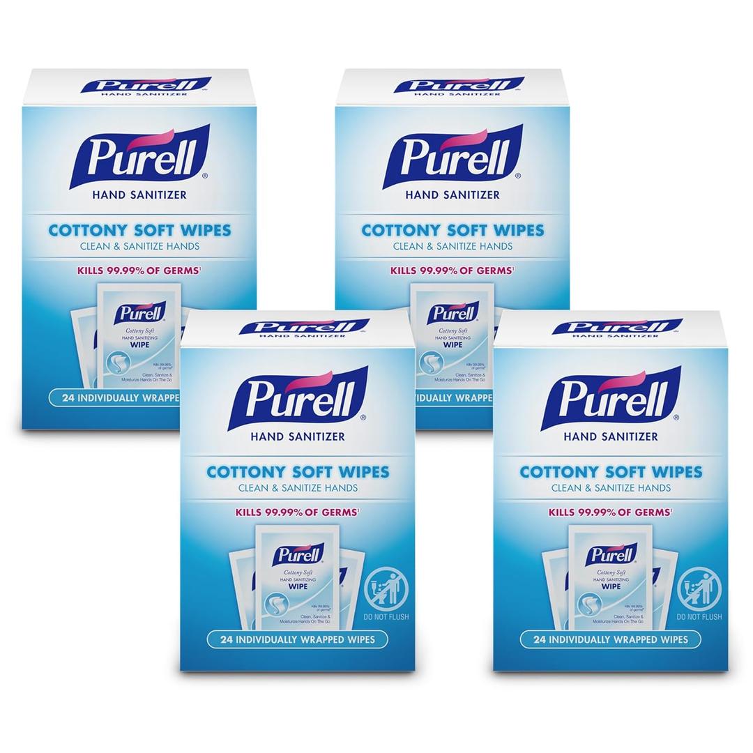 PURELL Cottony Soft Hand Sanitizing Wipes, Clean Scent, 24 Individually Wrapped Wipes (Pack of 4 Boxes)  9029-04-CMR