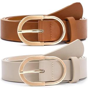 VONMELLI 2 Pack Women's Belts for Jeans Pants Fashion Gold Buckle Ladies Dress Belt (S: Fit Waist Size 25-31 Inches, A-brown+beige)