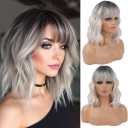silver wig with Bangs Short Wavy Wigs for Women Ombre Silver Curly Shoulder Length Bob Wig Synthetic fiber Wigs for Cosplay Daily Party Use (14 Inch)