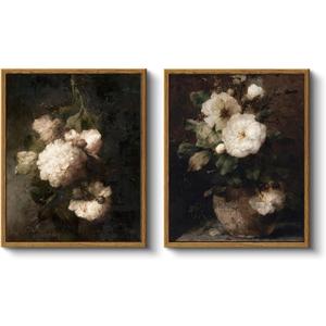 VIYYIEA 2 Pcs Framed Wall Art, Retro White Vintage Floral Paintings Farmhouse Decor, Canvas Prints Artwork, Country Still Life Wall Pictures for Bathroom Bedroom Kitchen Shelf,9x11inch,Set of 2, 11"L x 9"W