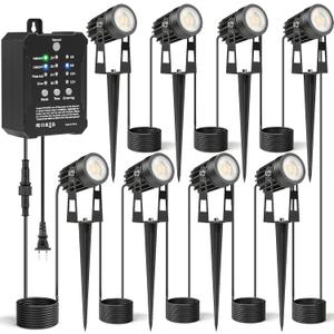 HIBOITEC Low Voltage Landscape Lighting with Transformer Photocell Sensor and Timer Spotlights Kit 68FT ETL Approved Wire Dimmable Waterproof 2700K for House Yard Trees Garden Plants Outdoor 8 Packs (Warm White)