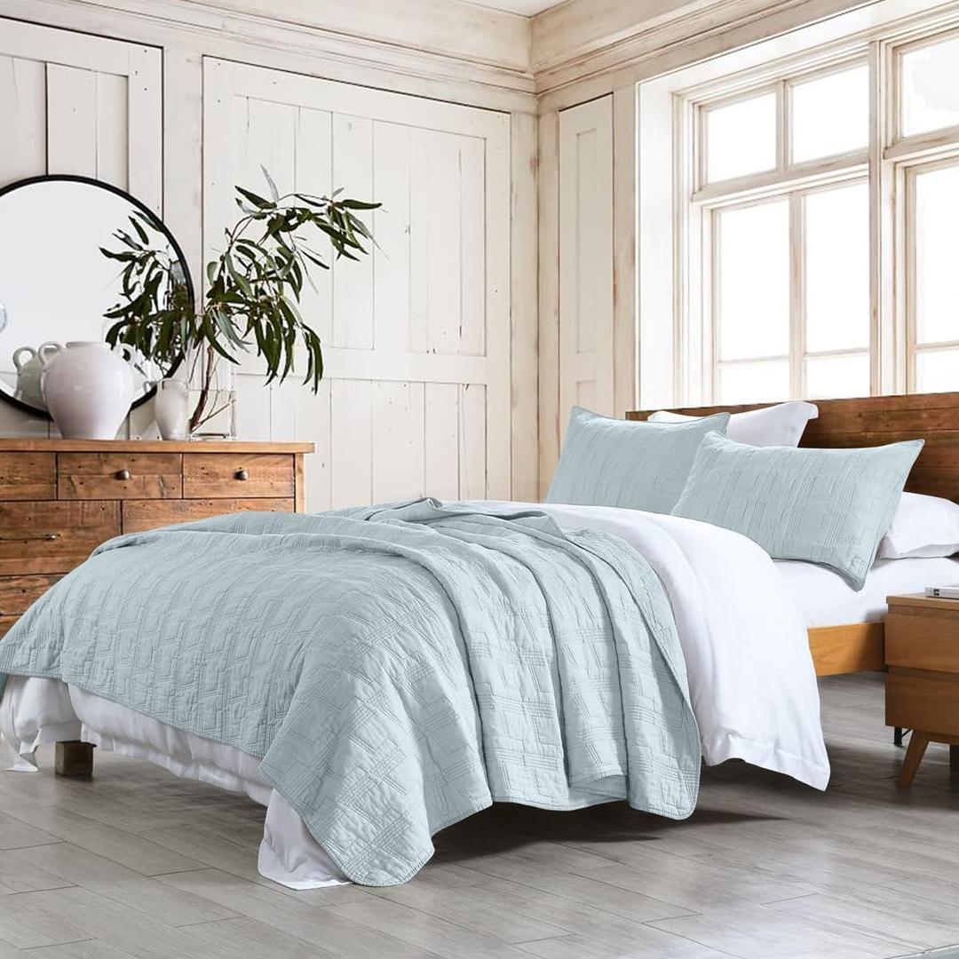 HORIMOTE HOME 100% Cotton Quilt Set King Size, Baby Blue Pre-Washed 3-Piece Bedspread Coverlet Set, Cozy Lightweight Stitching Bedding Cover with 2 Shams in Geometric Pattern for All Season