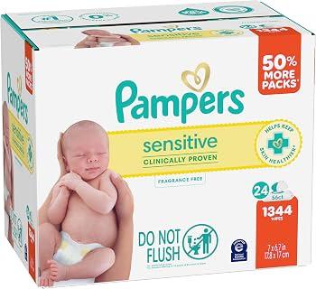 Pampers Sensitive Baby Wipes, Unscented, Fragrance Free, Clinically Proven, Water Based, Hypoallergenic, Multi-Use, Hand Wipes, 1344 Wipes Total (24X Flip-Top Packs)