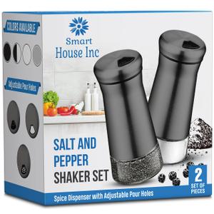 The Original Salt and Pepper Shakers Set - Black  - Spice Dispenser with Adjustable Pour Holes - Stainless Steel & Glass - Set of 2 Bottles