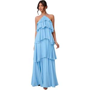 SOLY HUX Women's Sundresses Ruffle Layered Halter Flowy Maxi Dress Elegant Wedding Guest Dresses (Blue, Large)