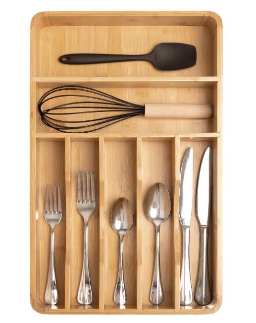 Silverware & Utensil Organizer, Fixed 10.5 in, Bamboo
Cutlery, flatware holder, rounded corners, 7 compartments, non-slip feet, kitchen drawers