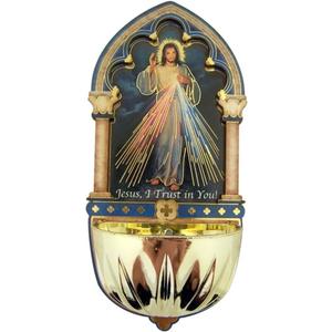Religious Gifts - Divine Mercy Gold Embossed Laser Cut Wood Multi-Dimensional Holy Water Font, 5 Inch