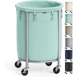 SONGMICS 29-Gallon (110 L) Laundry Basket with Wheels, Rolling Round Heavy-Duty Laundry Hamper Cart with Steel Frame and Removable Bag, 2 Locking Wheels, Mint Green and Metallic Silver URLS002C01