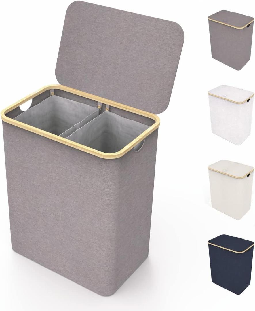 LONBET Laundry Basket with Lid, Made from Breathable Fabric | Aesthetic Clothes Hampers for Laundry with Side Handles & Sturdy Bamboo Frame (40 Gallons - Double, Gray)