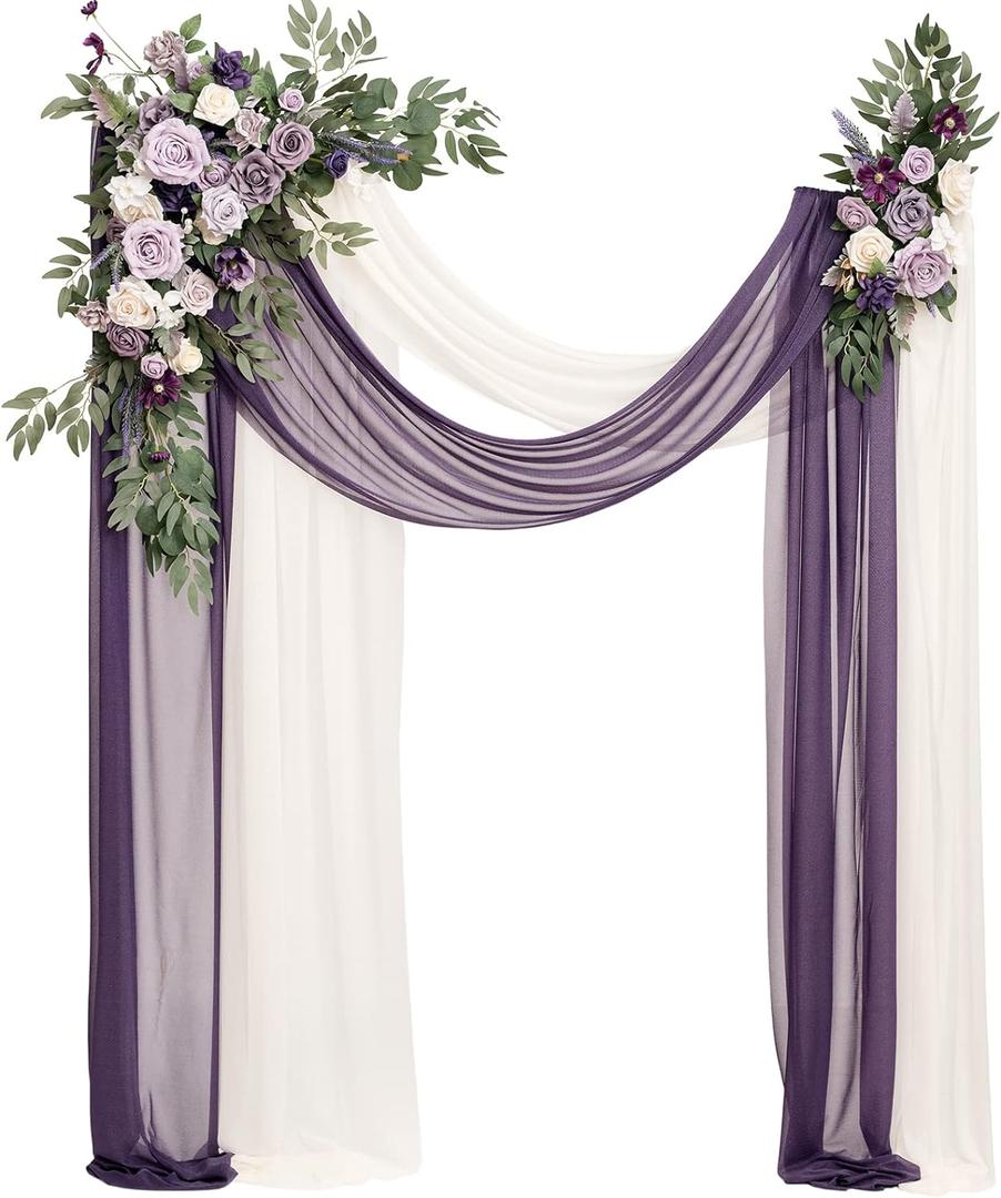 Ling's moment Purple Lilac Artificial Wedding Arch Flowers Kit Pack of 4, 2pcs Hanging Flower Arrangement 2pcs Chiffon Drapes Ceremony Reception Fake Rose Arbor Backdrop Floral Party Outdoor Decor (Prpl-lilac & Gold)