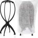 2 Pack Wig Stand with 2 Pcs Wig Dust Bags, Wig Holder Hat Display with Wig Bag for Women Multiple Wigs - Wig Party Kit for Salon Home Travel Use (White)