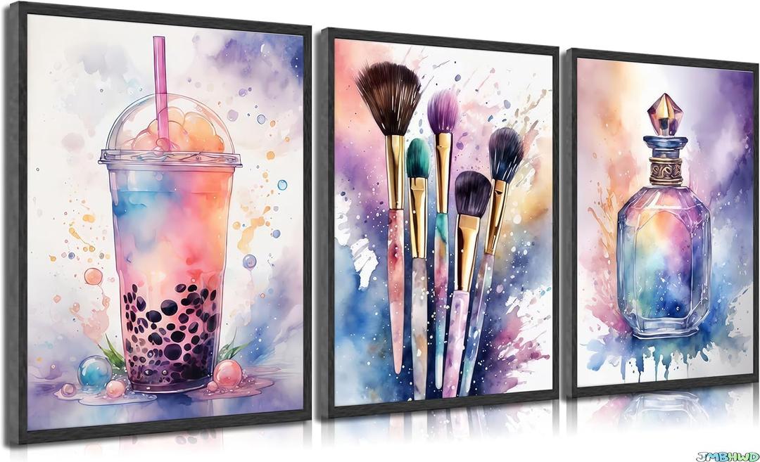 Cute Room Decor for Teen Girls Bedroom Wall Art Pink and Purple Splash Splash Aesthetic Picture Print Makeup Enthusiast Teenager Poster Painting Drinks Makeup Brushes and Perfumes Home Decoration 16x24in Unframed