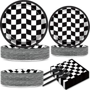 200 PCS Black and White Checkered Party Plates Napkins Race Car Birthday Cake Tableware Set for Checkered Flag Disposable Dessert Plates Forks Decor Serve 50 Guests for Racing Party Favor Supplies