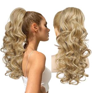 REECHO Ponytail Extension, 18 inch Drawstring Ponytail Hair Extensions Long Curly Wavy Clip in Pony Tail Synthetic Hairpiece for Women, Medium Blonde with Blonde Highlights