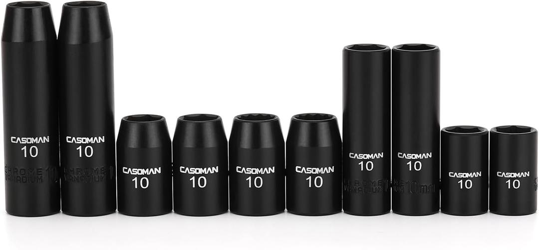 CASOMAN 10Piece Impact Socket Set-10mm, 1/4" & 3/8" Drive, Deep & Shallow, Metric, Black Phosphate Finish