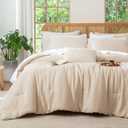 Queen Size Beige Comforter Set, 3 Pieces Double-Layer Crinkle Gauze Soft Bedding for All-Season Lightweight Warmth with 2 Pillowcases