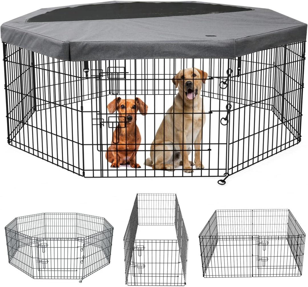 PETIME Foldable Metal Dog Exercise Pen/Pet Puppy Playpen Kennels Yard Fence Indoor/Outdoor 8 Panel 24" W x 30" H with Top Cover (with top Cover, 8 Panels 30" H)