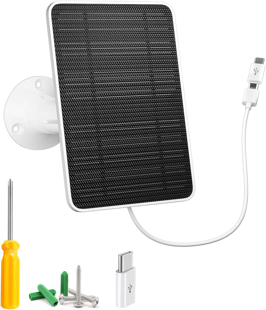Solar Panel for Security Camera, 5W USB Solar Panel for DC 5V Security Camera, Micro USB & USB-C Port Solar Panel, IP65 Waterproof Solar Charger for Camera,360 Adjustable Mounting 13ft Cable, 1 Pack