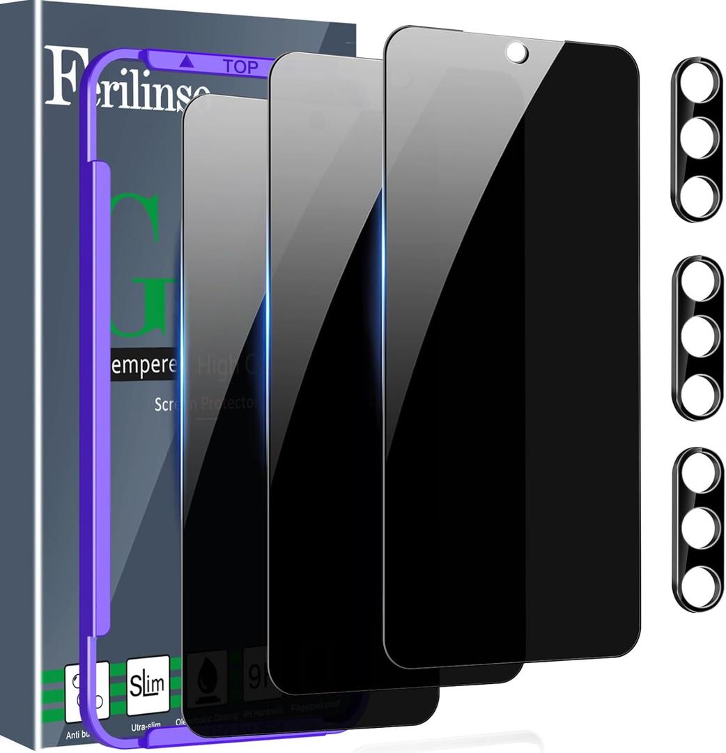 Ferilinso 3 Pack Privacy Screen Protector for Samsung Galaxy S25 with 3 Pack Tempered Glass Camera Lens Protector Phone Case Friendly Accessories Protector de Pantalla for Samsung S25