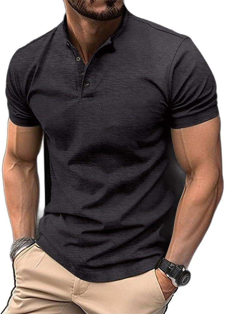 Men's Short Sleeve Henley Shirt - Premium Fitted for Men - Comfortable Casual Daily Wear (Black, S)