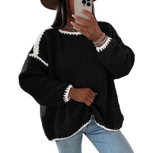KIRUNDO Womens Sweaters 2026 Fall Oversized Long Sleeve Chunky Knit Crew Neck Contrast Stitching Pullover Winter Clothes Size M