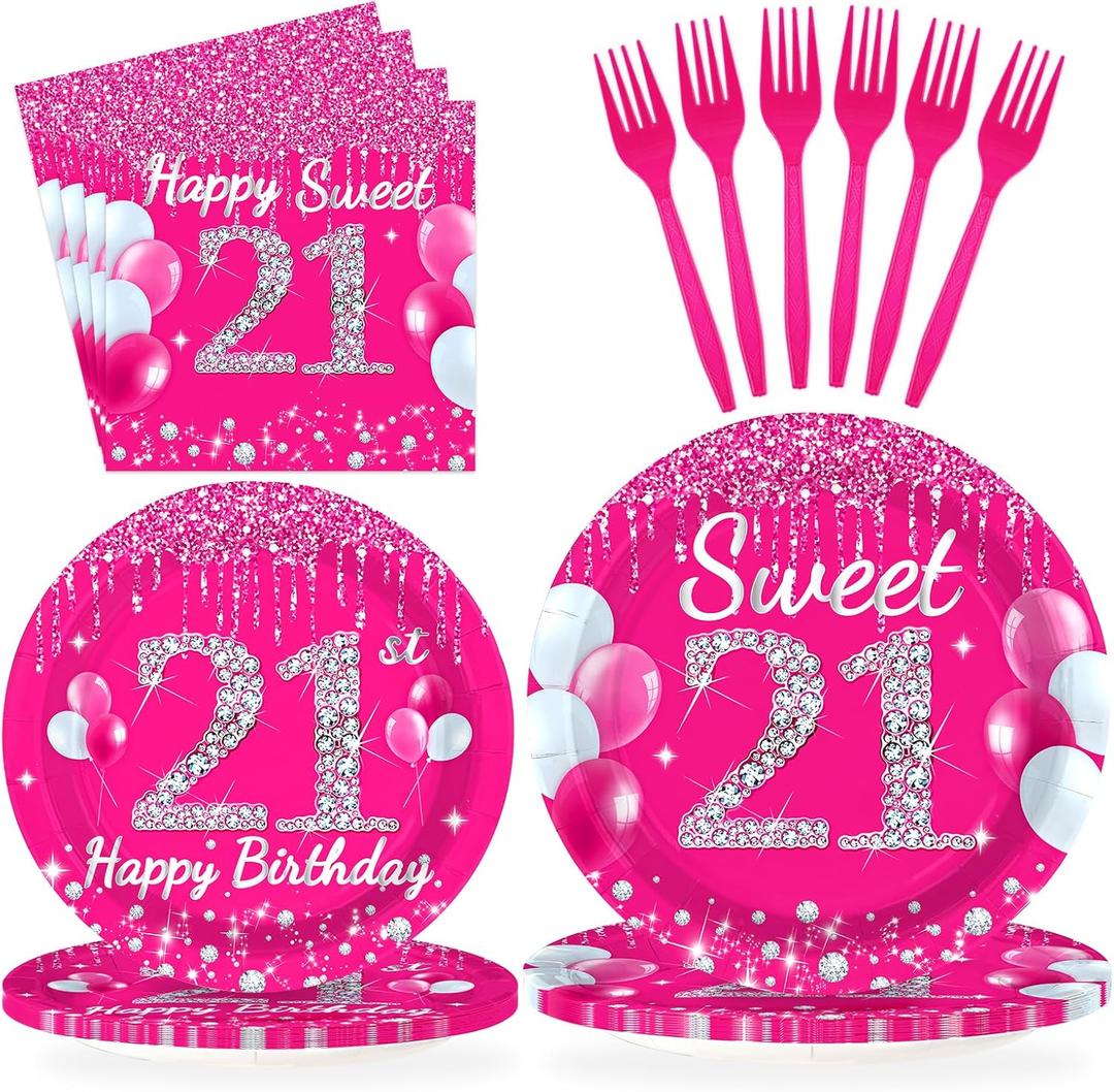 96Pcs 21st Birthday Party Supplies 350 GSM Hot Pink Sweet 21 Plates and Napkins Tableware Sets Happy 21st Birthday Decorations for Girls Women Finally Legal 21 Years Old Party Favors, Serves 24