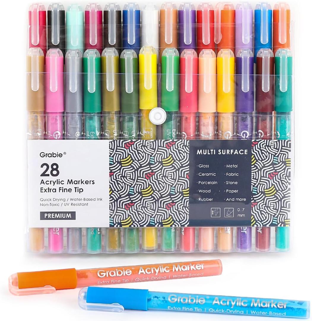 Grabie Acrylic Paint Pens Markers, 28 Colors, 0.7 mm, Extra Fine Tip Drawing Markers, Premium Paint Pens for Painting on Various Surface, Art Supplies, Set of 28