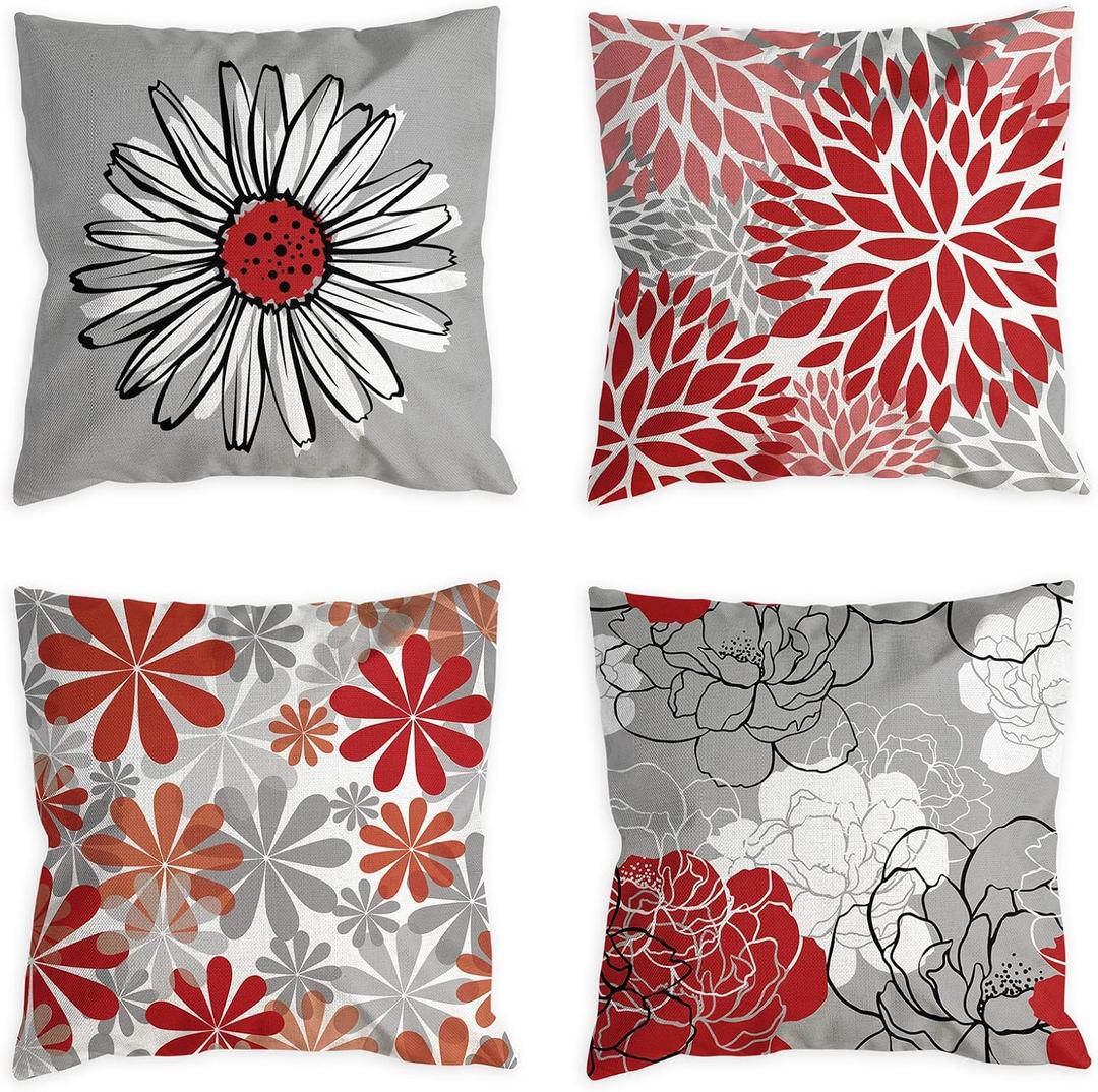 COLORPAPA Pillow Covers 18x18 Set of 4 Black and Red Decorative Throw Pillow Cover for Couch Modern Daisy Pillows Case for Living Room Cushion Bed Outdoor Grey Burgundy Home Decor