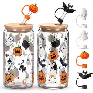 2 Sets Halloween Ghost Glass Cups with Lid and Straw 16 oz Pumpkin Drinking Party Glasses with Pumpkin Ghost Skull Bat Straw Topper Spooky Iced Coffee Tumbler for Women Men Halloween Gifts