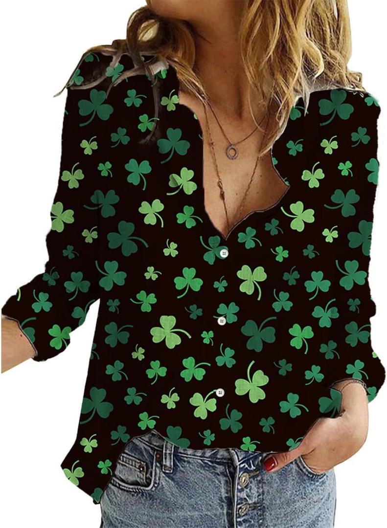 Hawaiian Button Down Shirts for Women Halloween Thanksgiving Christmas Valentines St Patricks Long Sleeve Tops Blouse (X-Large, Clover Black)