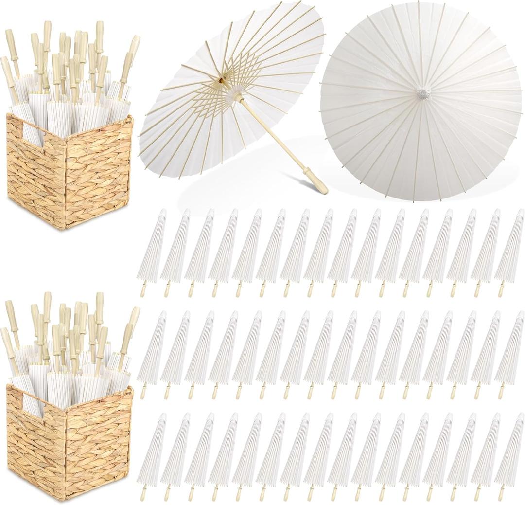 Aodaer 50 Pieces Wedding Paper Umbrella 23.6 Inch White Paper Decorative Chinese Japanese Parasol Umbrella Crafts Vintage DIY Painting Decor Paper Wedding Favor for Photography Props Bridal Party
