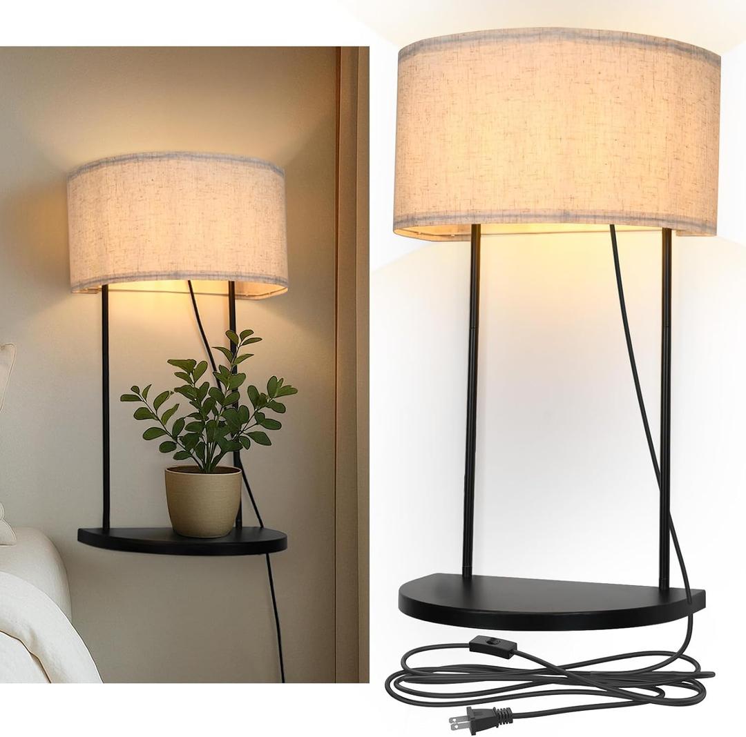 Plug-in Wall Sconce with Shelf, Modern Wall Lamp with Linen Shade, Ideal for Bedroom, Bedside & Living Room, Perfect for Plants, Books, and Electronics, E26 Base (Bulb Not Included)