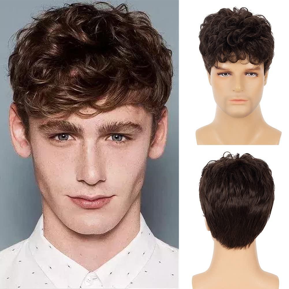 Swiking Men Brown Short Wigs Curly Fluffy Natural Synthetic Hair with Bangs Halloween Daily Full Wig for Male Guy