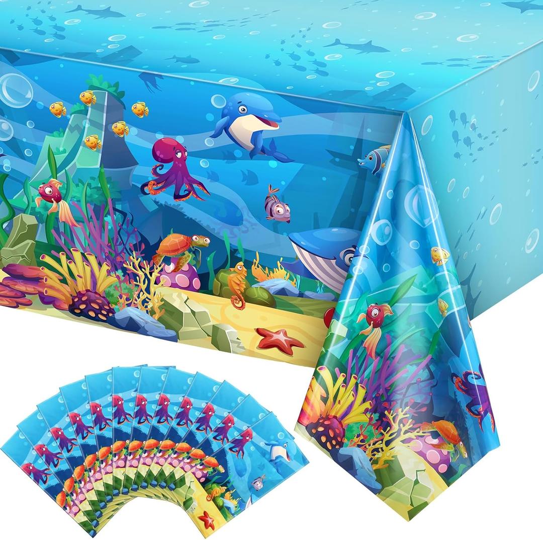 Tiamon 12 Pack Sea Party Tablecloth Ocean Animals Table Cover Underwater Creatures Tablecloth Ocean Sea Life Table Cover for Birthday Party Decoration, 54 x 108 Inch