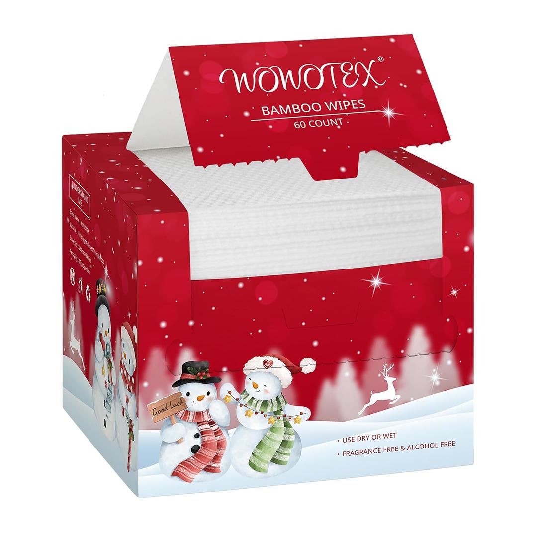 Christmas Style WOWOTEX Disposable Face Towel Biodegradable Large Dry Face Wipes 60 Count/1 Box Extra Thick Soft Clean Facial Towels for Sensitive Skin, Facial Cleansing, Nursing, 10"12"
