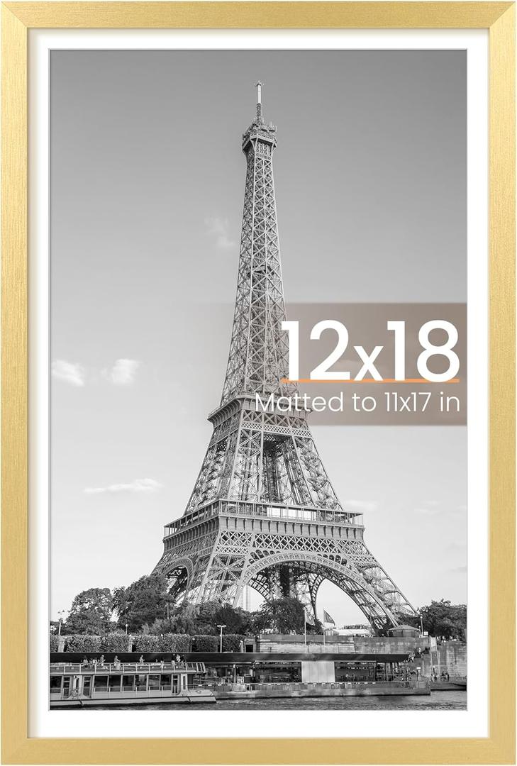 upsimples 12x18 Picture Frame, Display Pictures 11x17 with Mat or 12 x 18 Without, Wall Hanging Poster Frames, Gold, 1 Pack