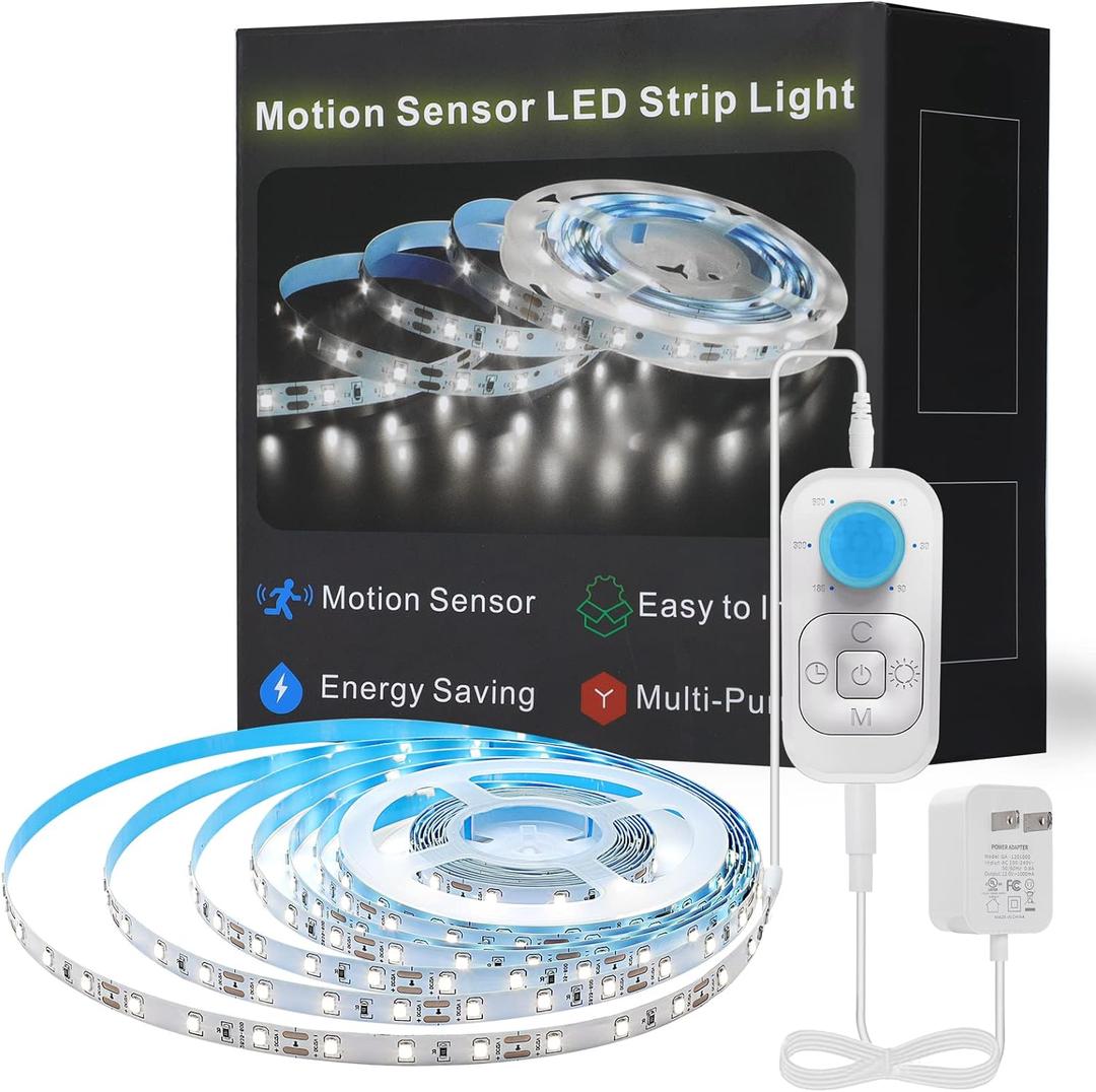 Motion Sensor Led Light Strip - Under Cabinet Lighting with Power Adapter, 6 Adjustable Brightness and Timing, Light Strips for Kitchen Cabinets, Stair, Showcase, Bedroom, 16.4ft 6000K, Cold White