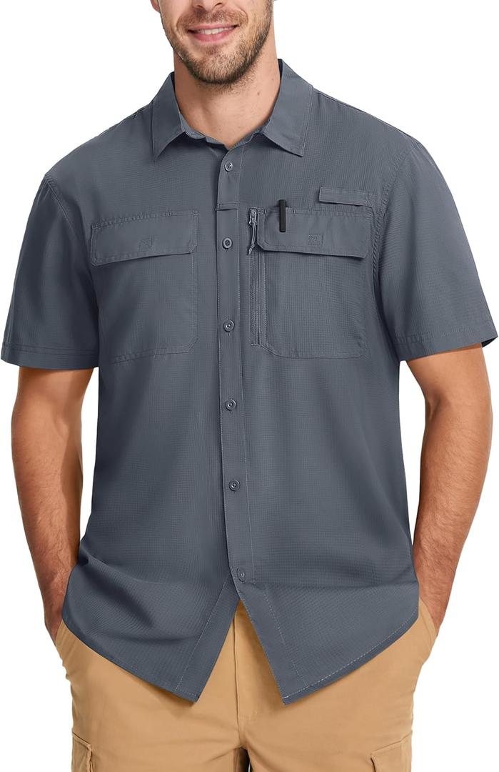 MAGCOMSEN Men's Fishing Shirts UPF 50+ Short Sleeve Sun Protection Shirts Quick Dry Cooling Button Down Shirt Hiking Safari (Large, Dark Grey)