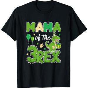 Mama of The Three Rex Birthday Dinosaur Family Matching T-Shirt (M, Black)