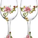Wine Glasses Set of 2, Handcrafted Enamel Flower Red Wine Glasses Champagne Glasses Pretty Floral Goblets for Women Mom Friends Mothers Wife (Pink)