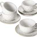 LE TAUCI Espresso Cups with Saucers 3 oz, Ceramic Embossment Coffee Cup for Double shot, Lungo, Ristretto,Dishwasher Safe - Set of 4, Arctic white