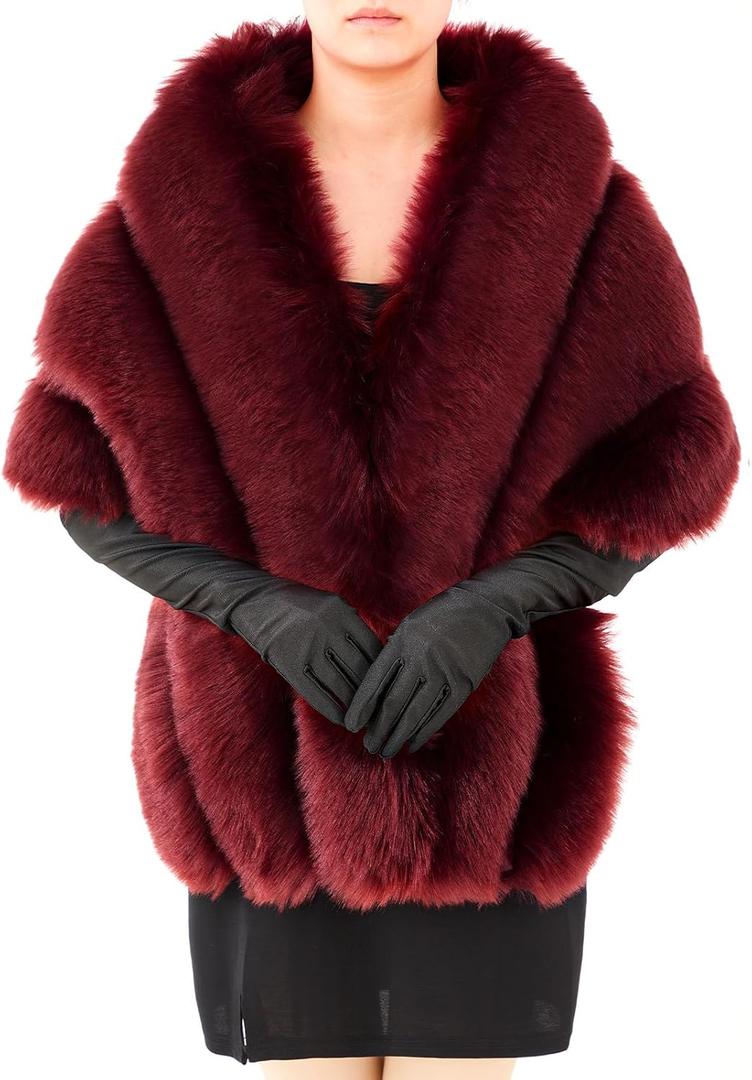 Zhanmai 2 Pcs Winter Long Shawl Cloak Stretchy Glove Opera Bridal Dance Gloves for Women Dress Party Coat (Standard, Claret)