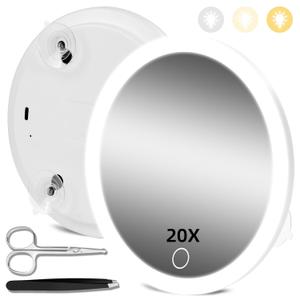 20X Magnifying Mirror with Lights, 20X Magnified Mirror with 3-Color Light Adjustable Brightness, 6inch Travel Magnification with 3 Suction Cups - Includes Tweezers & Scissors Set