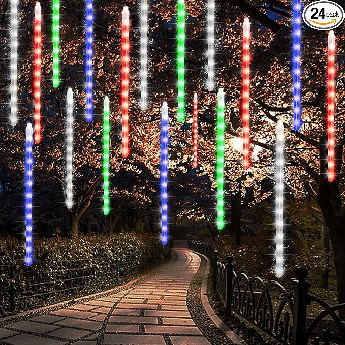 24 Tubes Meteor Shower Lights, Outdoor Icicles Christmas Lights, 12 Inch 864 LED Iciclelights Snow Falling Light, Connectable Raindrop Light, Xmas Wedding Party Tree Holiday Decor, Multicolor
