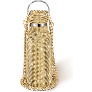Diamond Water Bottle Bling Rhinestone Stainless Steel Thermal Bottle Refillable Insulated Glitter Water Jug with Chain for Women Girls Gifts(750 ml,Gold) (25.4 Ounces)