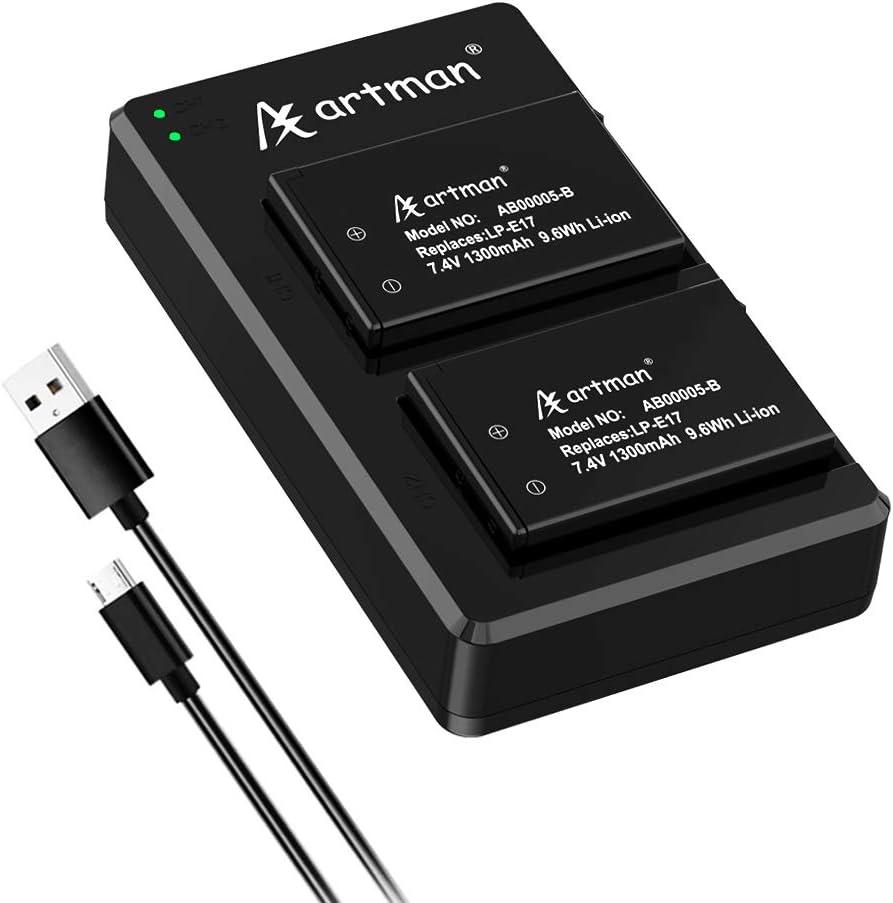 Artman LP-E17 Battery 2-Pack and USB Dual Charger Kit for Canon Eos R50 RP R10 Rebel T8i T7i T6i T6s SL2 SL3 EOS M6 M5 M3 77D 200D 750D 760D, 800D 8000D KISS X8i DSLR Camera (Black)