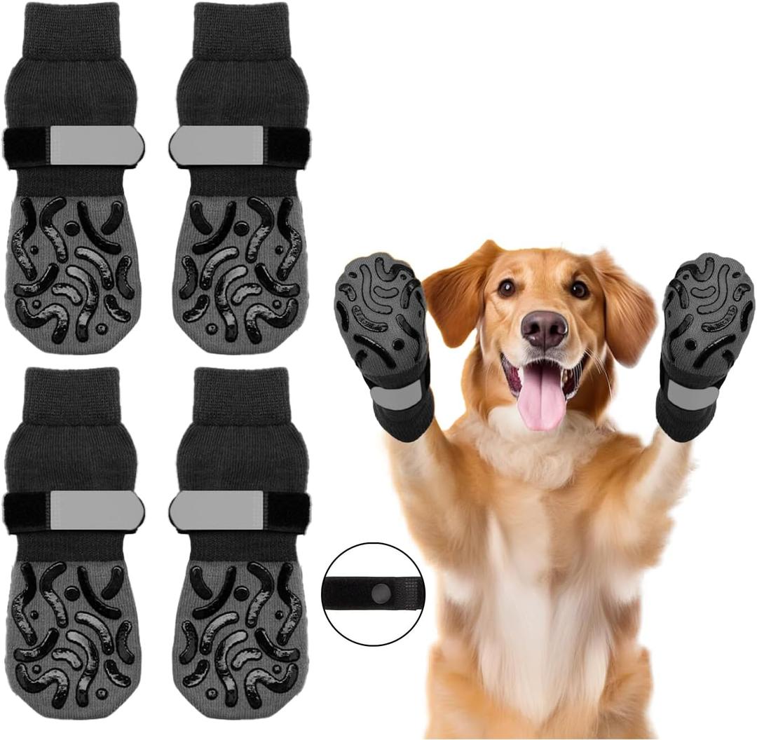Double Side Non Slip Dog Socks to Prevent Licking Paws, Dog Shoes for Winter Cold Hot Pavement Dog Booties, Night Reflection Paw Protectors for Hardwood Floors Traction Control Indoor (S-less than 25 pounds,Paws width 1.97 inch, 4 pack of Black Socks with Striped anti-slip strip)
