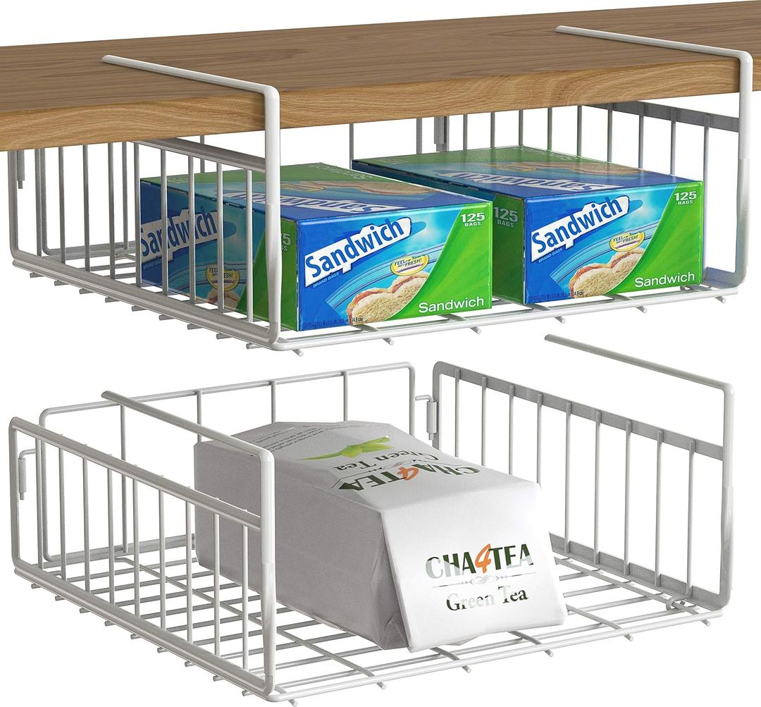 Simple Houseware Under Shelf Basket, White  2-Pack Space-Saving Storage Organizer for Kitchen, Pantry, Closet, Office  Wire Metal Shelf Organizer, No Tools Required