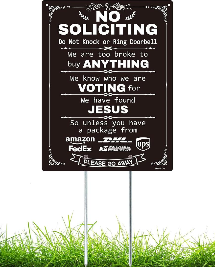 No Soliciting Sign for House with Stake Metal Aluminum No Solicitor Sign for Front Door,Office No Soliciting Signs Do Not Knock or Ring Bell Yard Sign for Home,Rust Free Outdoor Signs Weatherproof and Durable / Black